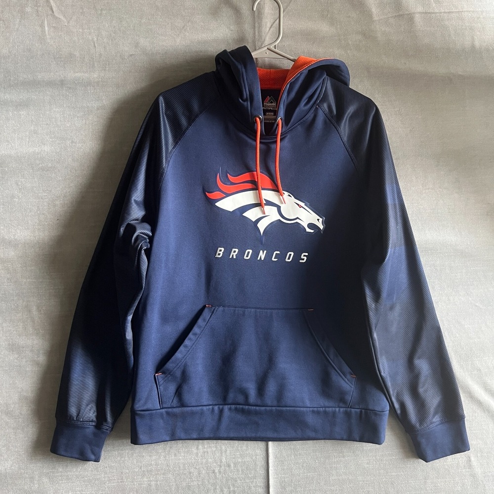 Majestic ThermaBase Broncos Hoodie Medium Navy Orange NFL Pullover‎ Sweatshirt